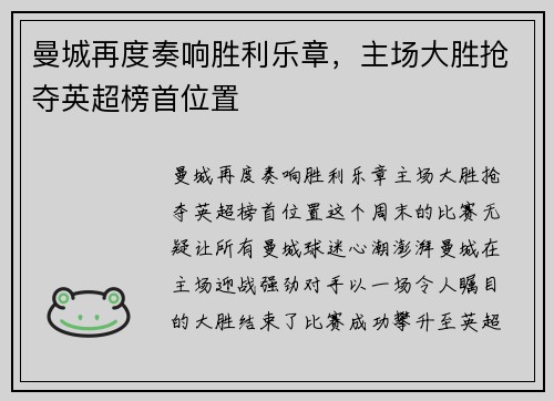 曼城再度奏响胜利乐章,主场大胜抢夺英超榜首位置